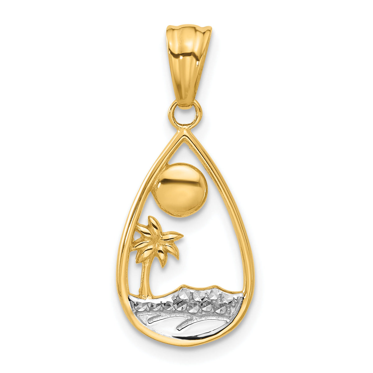 14K with White Rhodium Diamond Cut Ocean Scene Teardrop Pendant-C4917