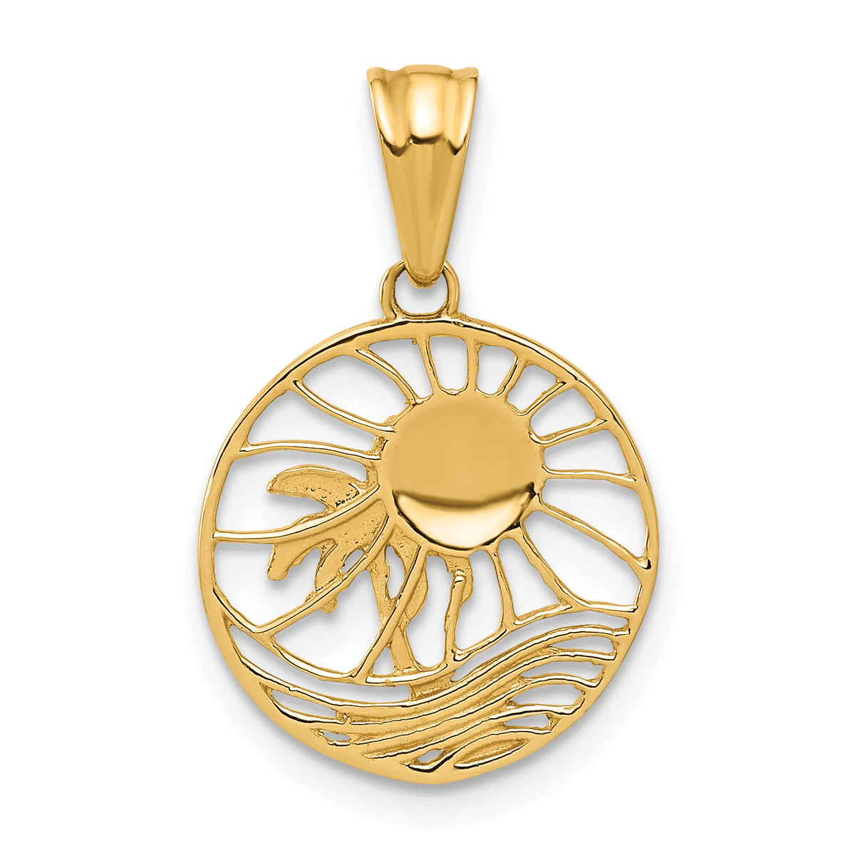 14K with White Rhodium Ocean and Palm Tree Round Pendant-C4918