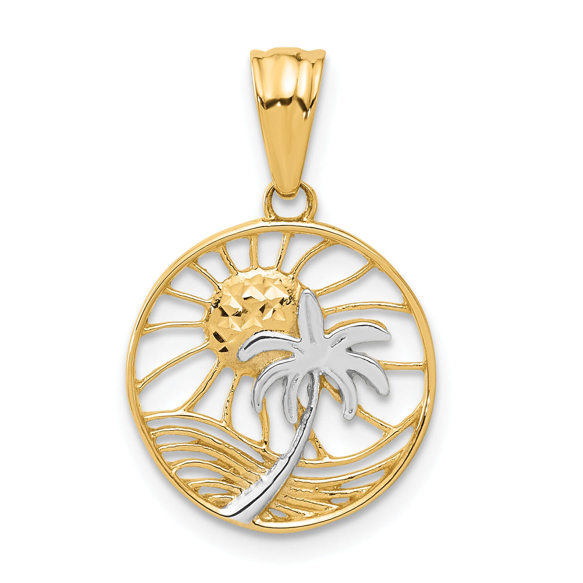 14K with White Rhodium Ocean and Palm Tree Round Pendant-C4918