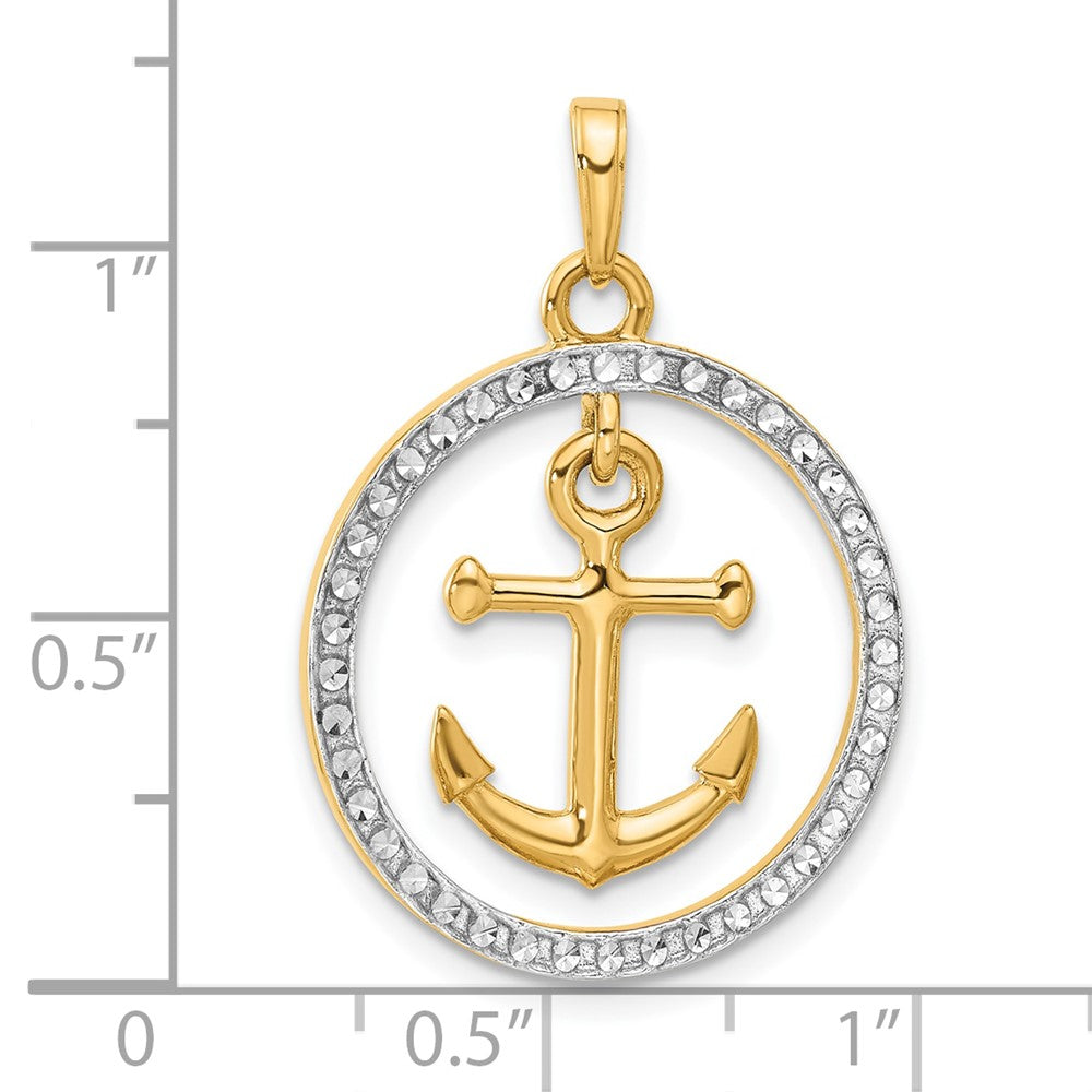 14k and White Rhodium D/C Anchor Dangle in Circle Pendant-C4920