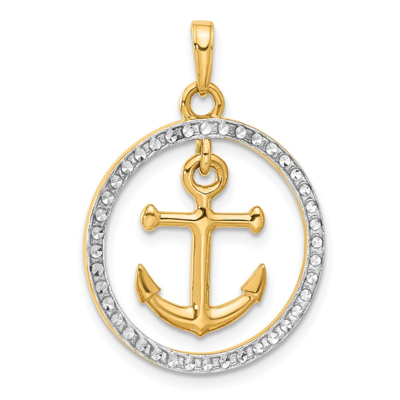 14k and White Rhodium D/C Anchor Dangle in Circle Pendant-C4920