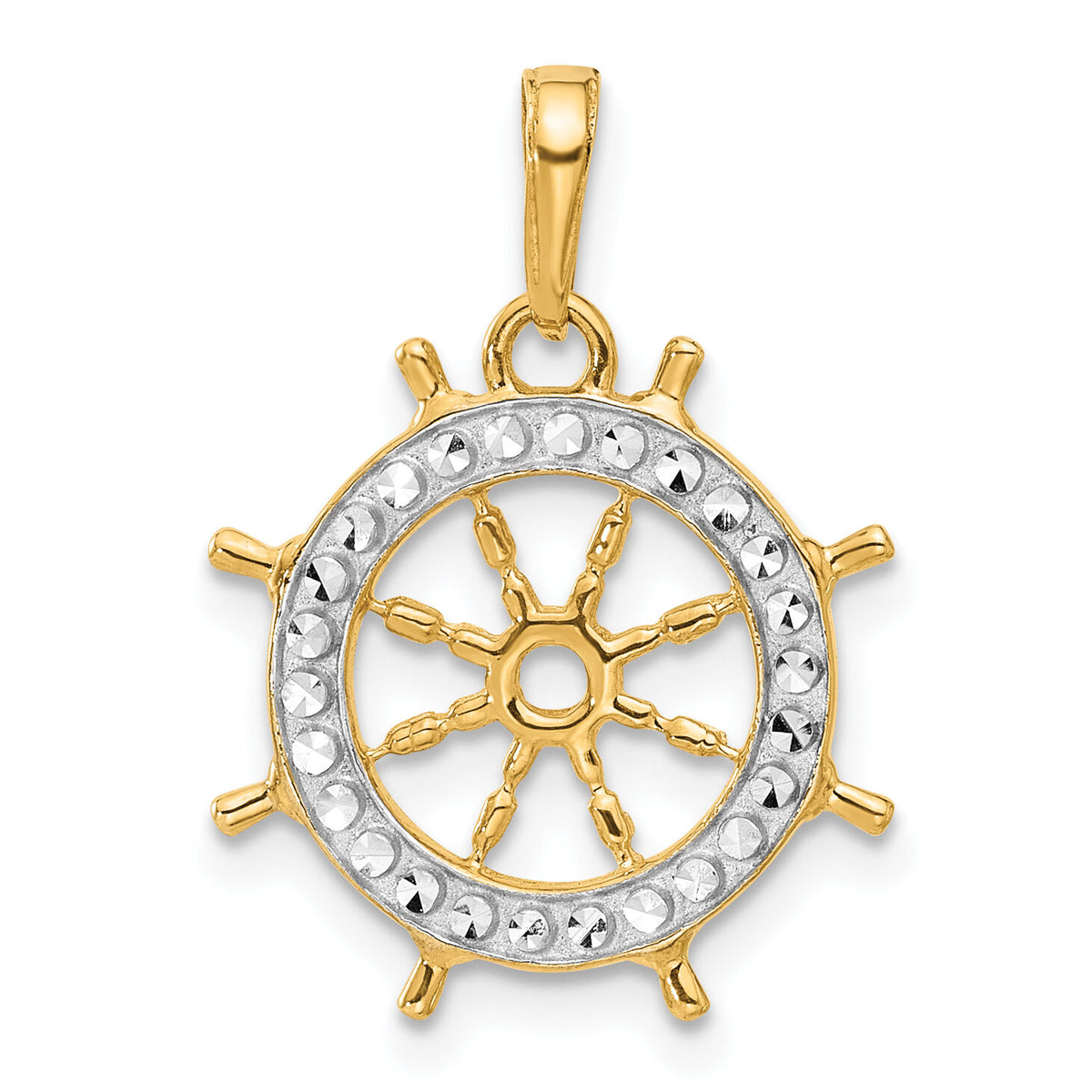 14k and White Rhodium D/C Ship's Wheel Pendant-C4921