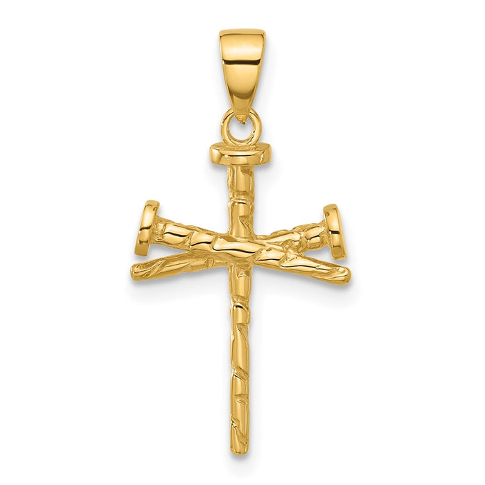 14K Polished and Textured Nails Cross Pendant-C4949