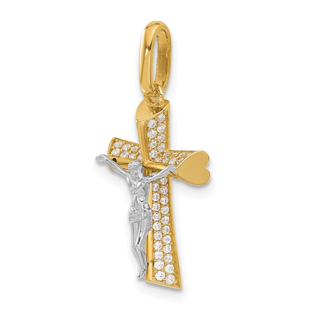 14K Two-tone Polished CZ Crucifix with Heart Ends Pendant-C4960