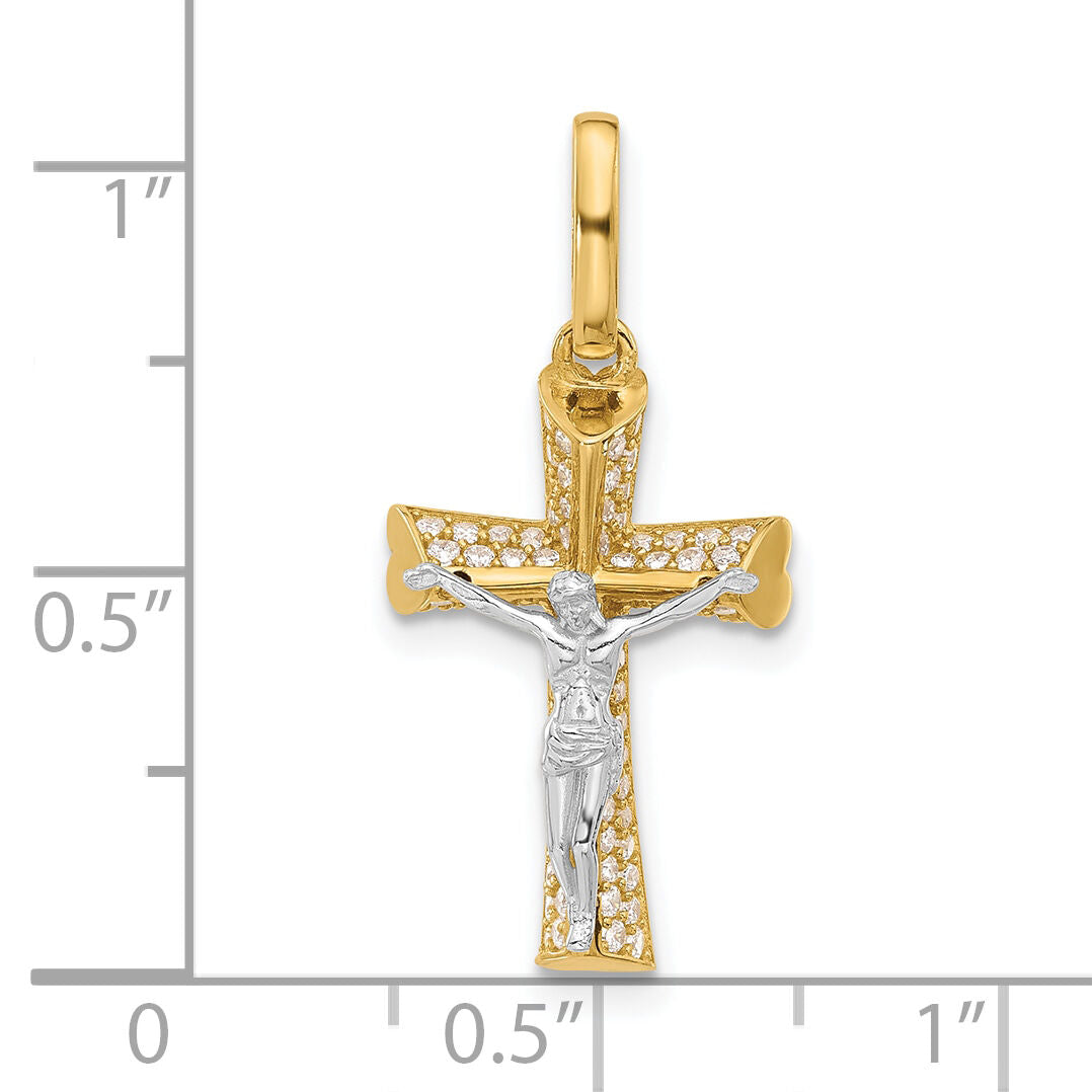 14K Two-tone Polished CZ Crucifix with Heart Ends Pendant-C4960