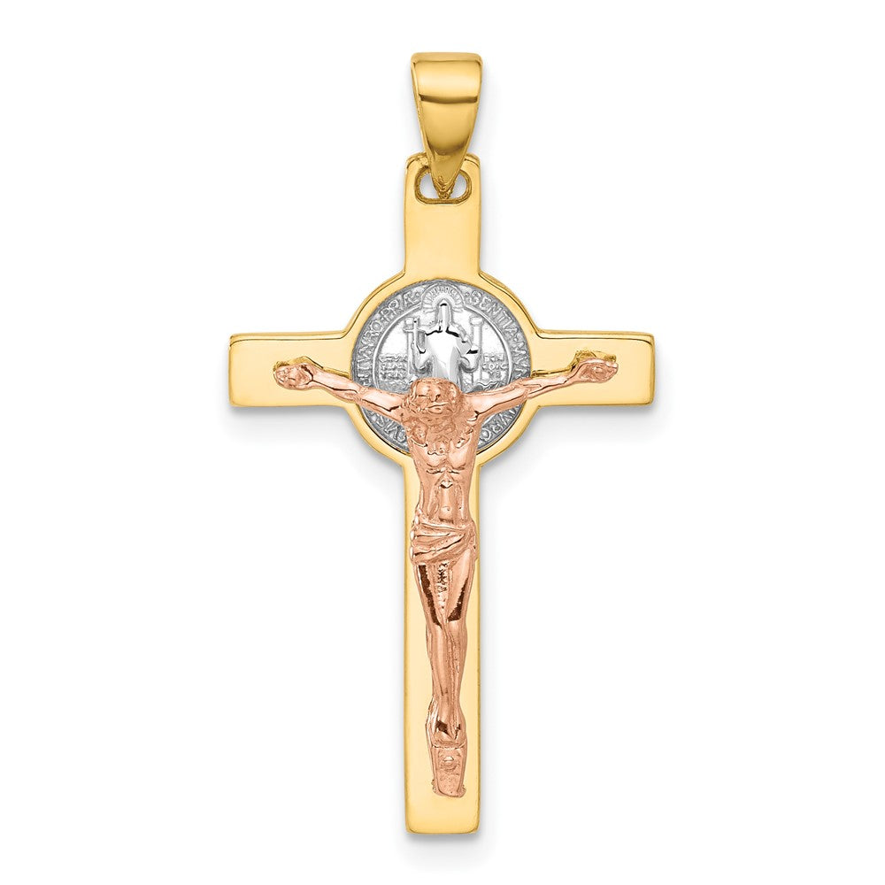 14K Two-tone with White Rhodium Crucifix and St Benedict Pendant-C4972