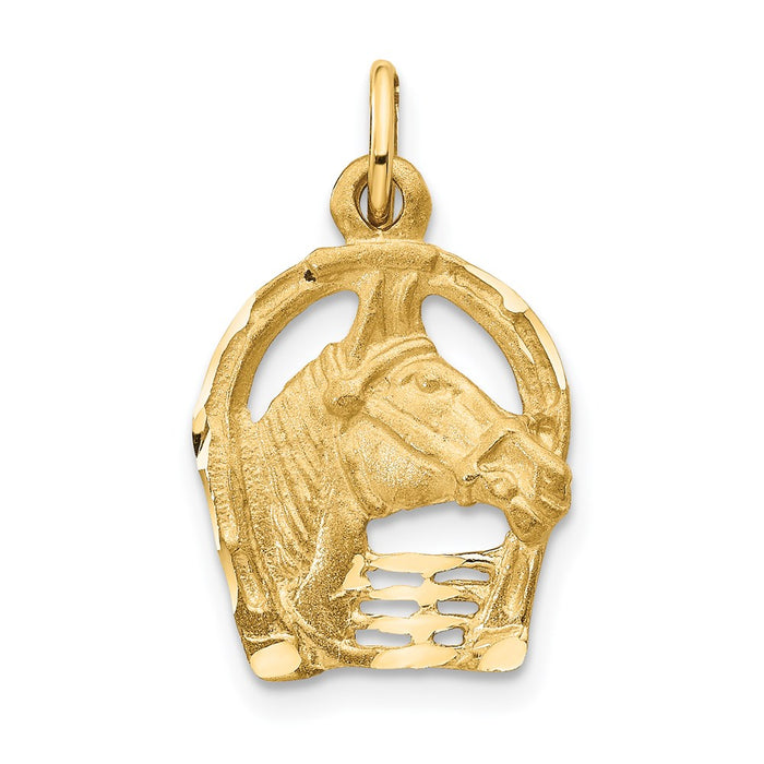 14k Yellow Gold Diamond-cut Horse Head in Horseshoe Charm-C556