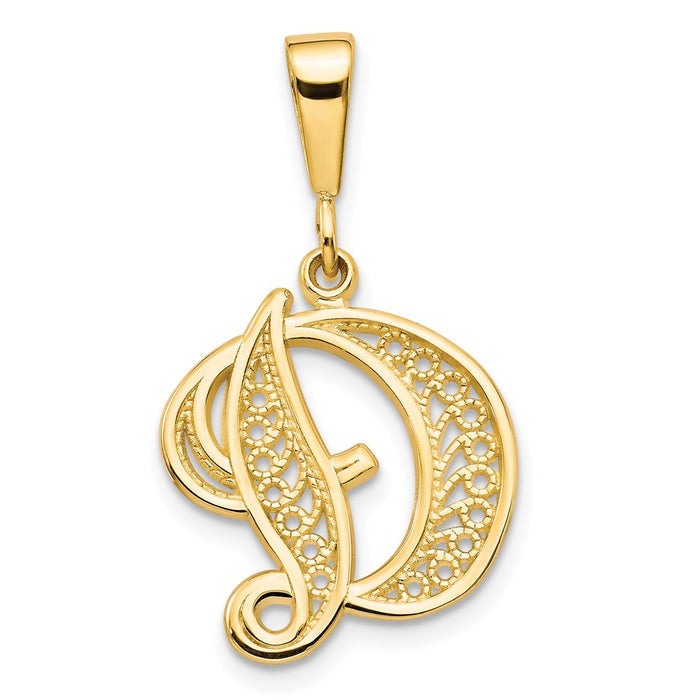 14KY Polished Script Filigree Letter D Initial Pendant-C569D