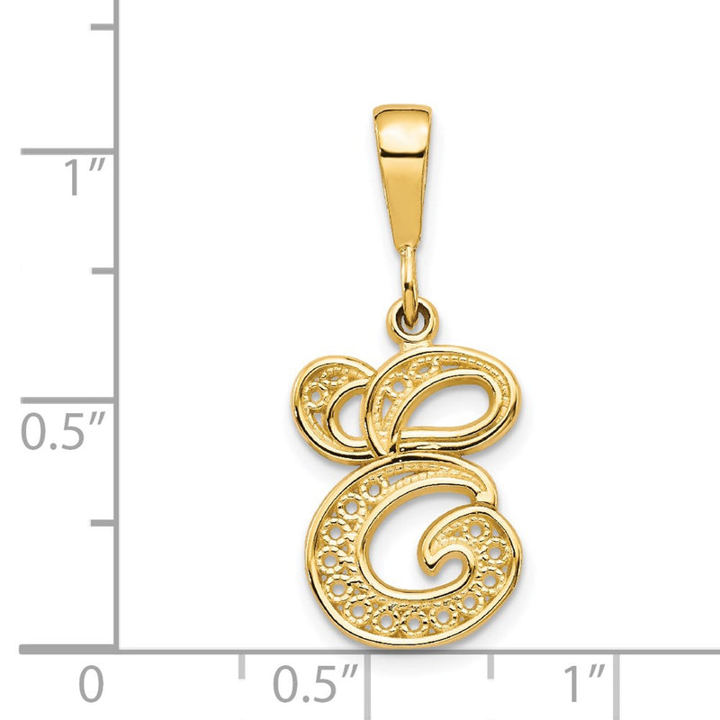 14KY Polished Script Filigree Letter E Initial Pendant-C569E