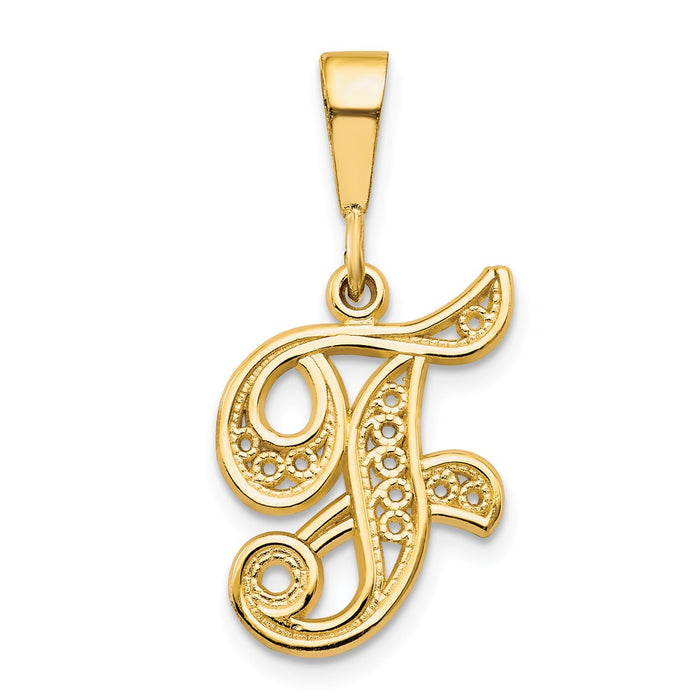 14KY Polished Script Filigree Letter F Initial Pendant-C569F