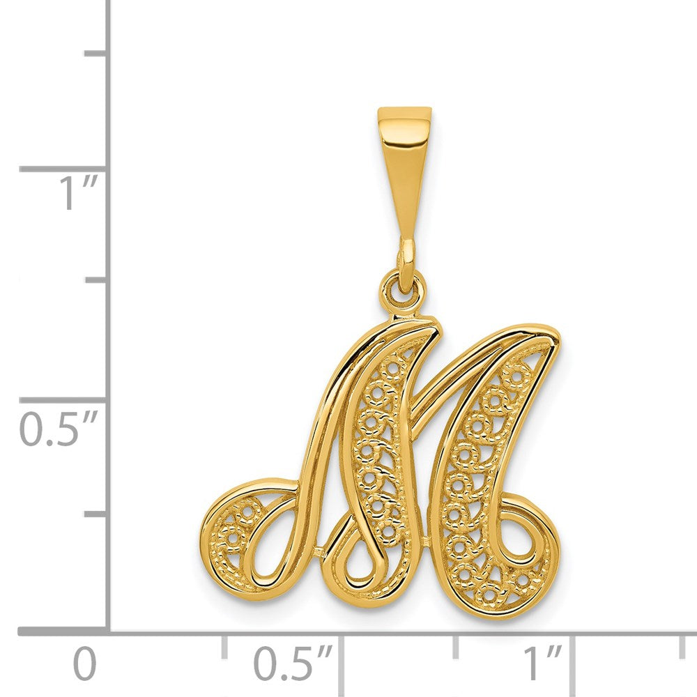 14KY Polished Script Filigree Letter M Initial Pendant-C569M