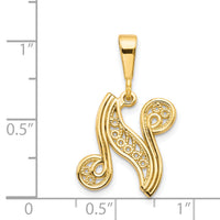 14KY Polished Script Filigree Letter N Initial Pendant-C569N