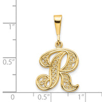 14KY Polished Script Filigree Letter R Initial Pendant-C569R