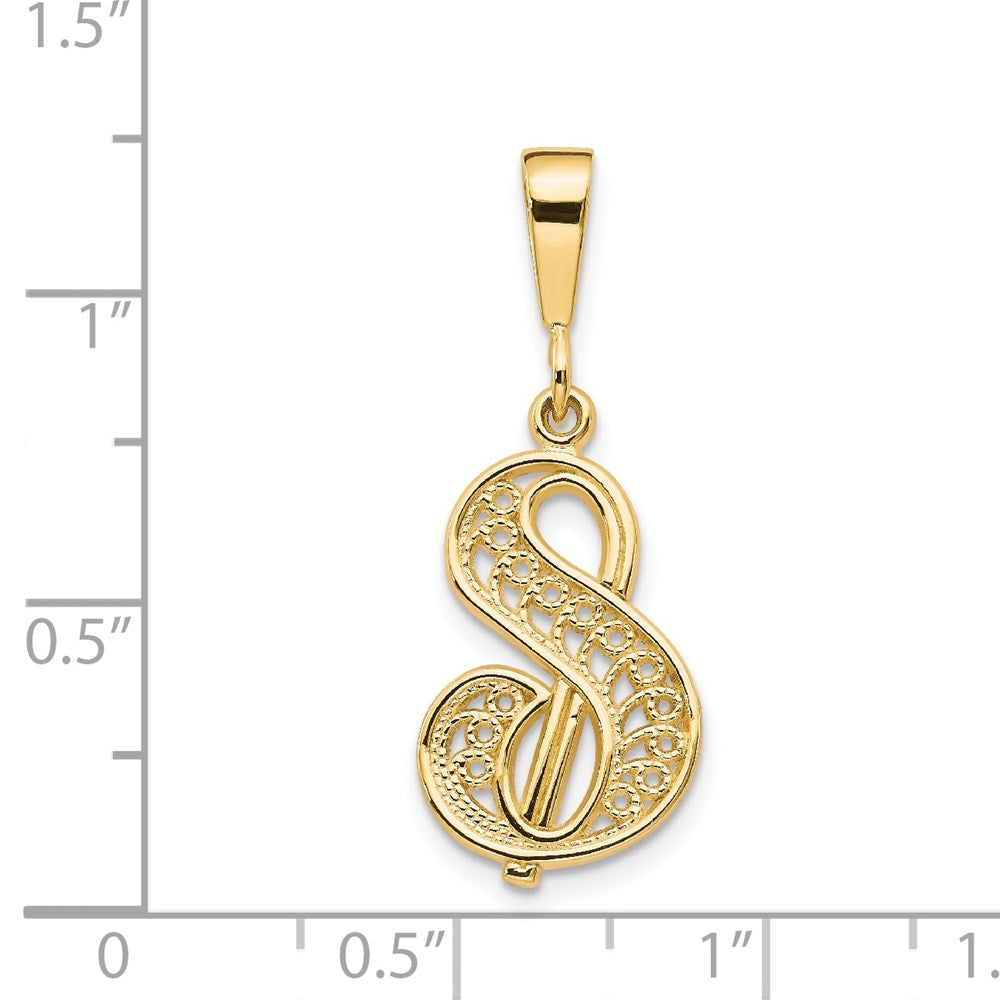 14KY Polished Script Filigree Letter S Initial Pendant-C569S