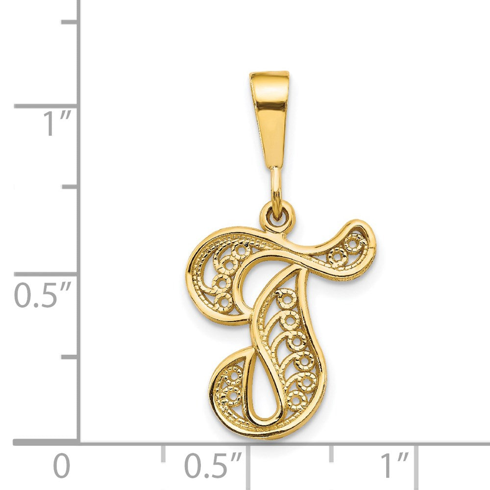 14KY Polished Script Filigree Letter T Initial Pendant-C569T