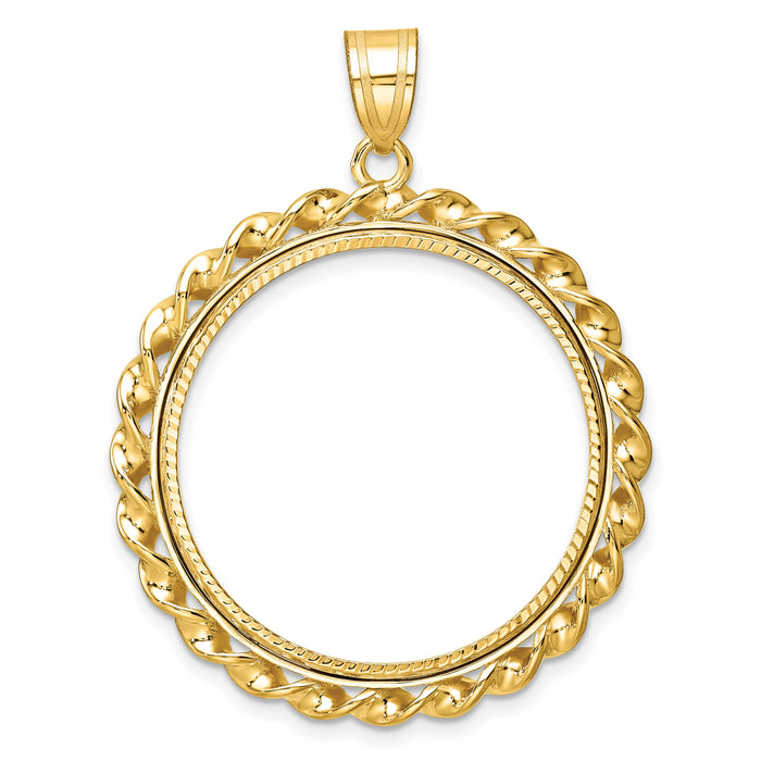 14k Twisted Wire & Diamond-cut 27.0mm Prong Coin Bezel Pendant-C8180D/27.0