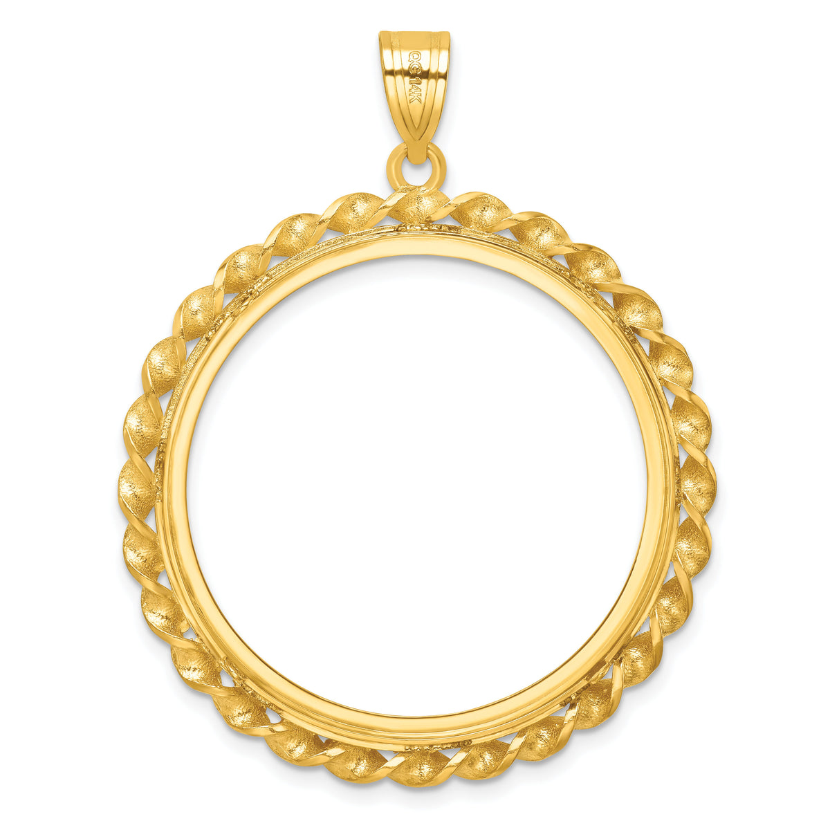 14k Twisted Wire & Diamond-cut 32.7mm Prong Coin Bezel Pendant-C8180D/32.7