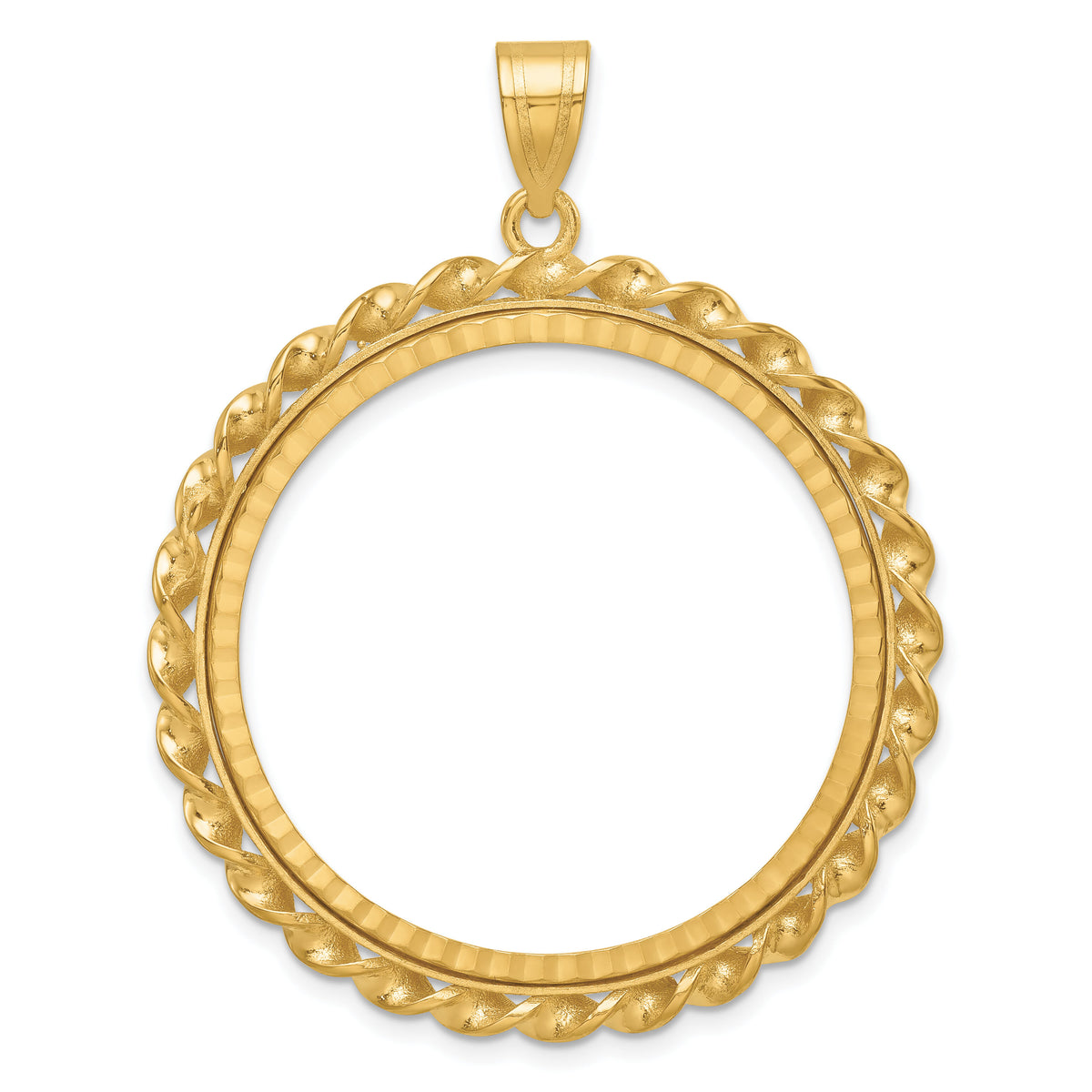 14k Twisted Wire & Diamond-cut 32.7mm Prong Coin Bezel Pendant-C8180D/32.7