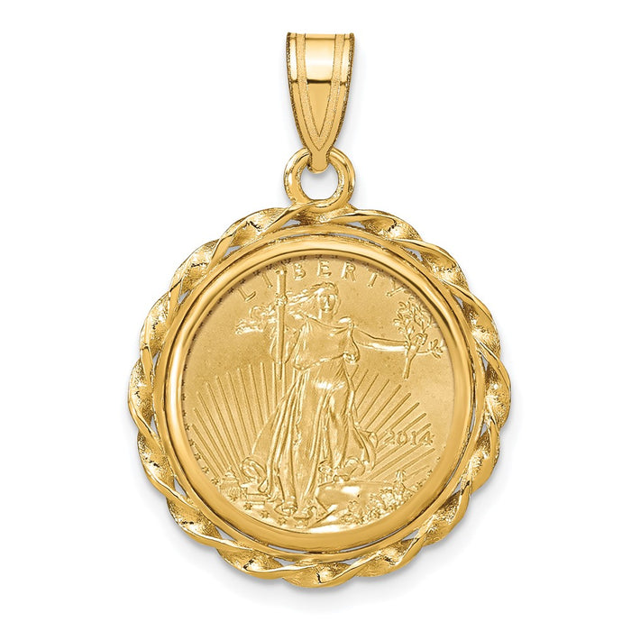 Wideband Distinguished Coin Jewelry 14k Polished Wide Twisted Wire Mounted 1/10oz American Eagle Prong Coin Bezel Pendant-C8180/16.5C