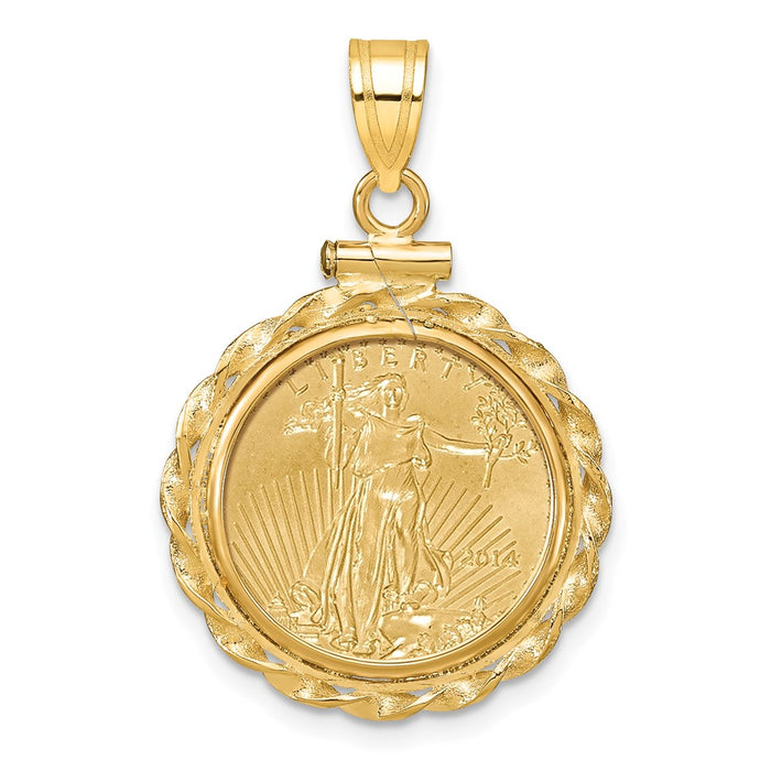 Wideband Distinguished Coin Jewelry 14k Polished Wide Twisted Wire Mounted 1/10oz American Eagle Screw Top Coin Bezel Pendant-C8182/16.5C