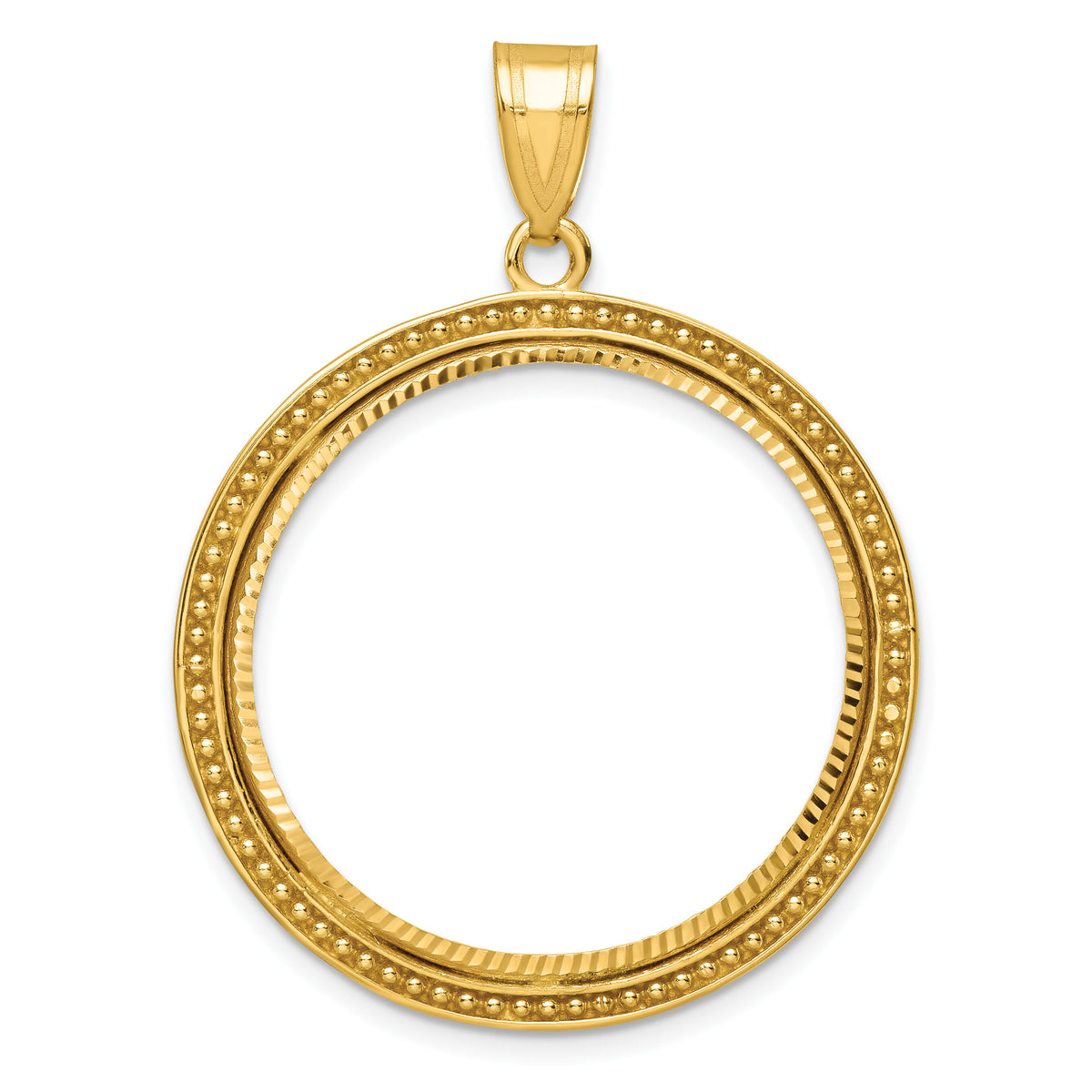 14k Beaded & Diamond-cut 27.0mm Prong Coin Bezel Pendant-C8183D/27.0