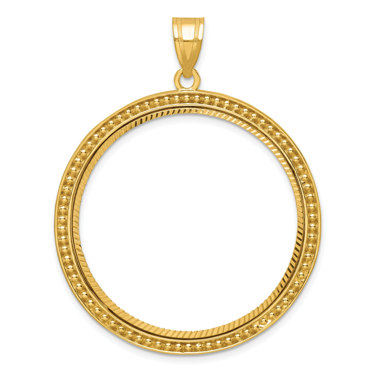 14k Beaded & Diamond-cut 32.7mm Prong Coin Bezel Pendant-C8183D/32.7