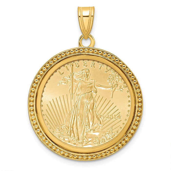 Wideband Distinguished Coin Jewelry 14k Polished and Beaded Mounted 1/4oz American Eagle Coin Bezel Pendant-C8183/22.0C