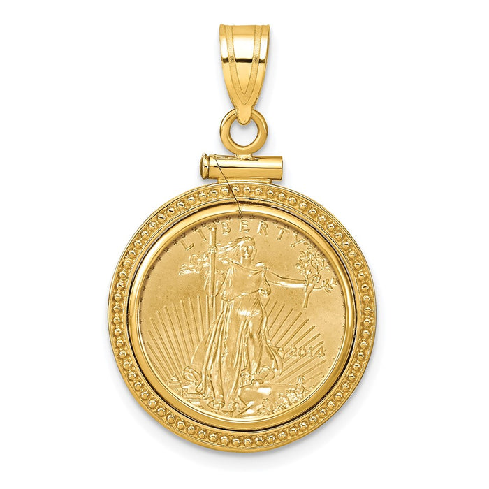 Wideband Distinguished Coin Jewelry 14k Polished and Beaded Mounted 1/10oz American Eagle Screw Top Coin Bezel Pendant-C8184/16.5C