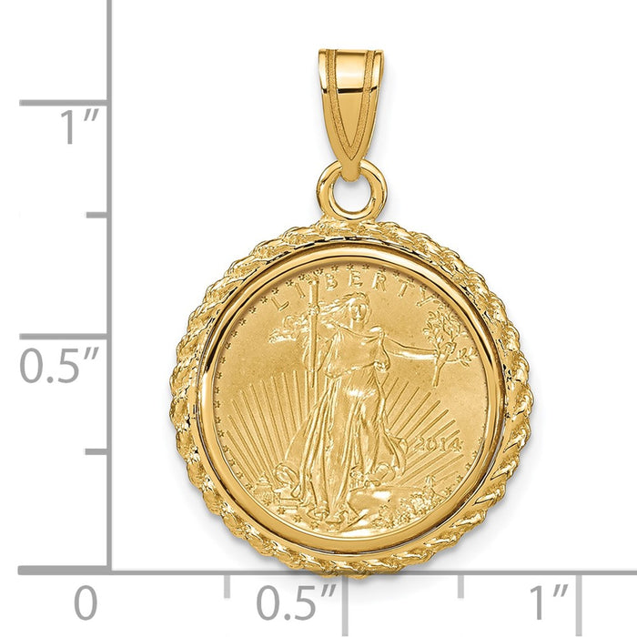 Wideband Distinguished Coin Jewelry 14k Polished with Casted Rope Mounted 1/10oz American Eagle Prong Coin Bezel Pendant-C8185/16.5C