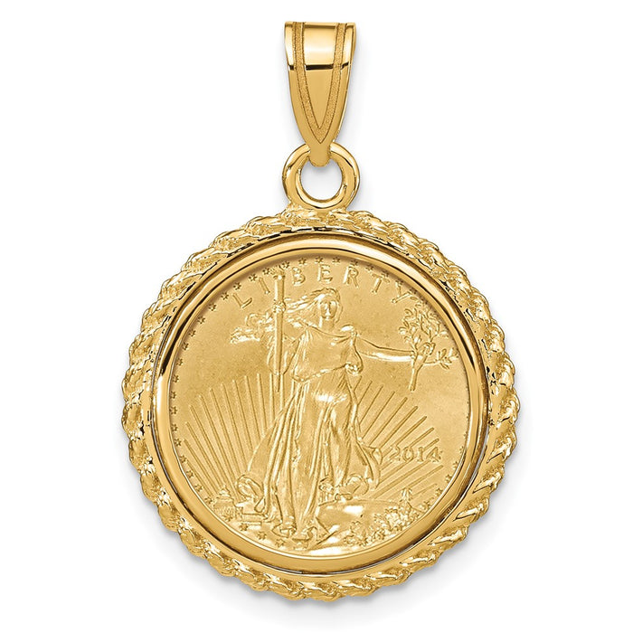 Wideband Distinguished Coin Jewelry 14k Polished with Casted Rope Mounted 1/10oz American Eagle Prong Coin Bezel Pendant-C8185/16.5C