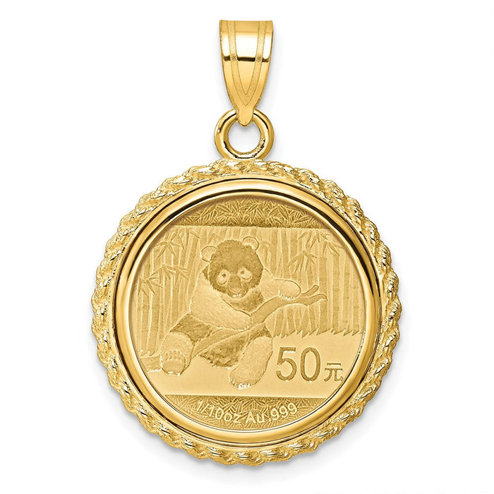 Wideband Distinguished Coin Jewelry 14k Polished with Casted Rope Mounted 1/10oz Panda Prong Coin Bezel Pendant-C8185/18.0C