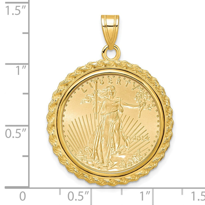 Wideband Distinguished Coin Jewelry 14k Polished with Casted Rope Mounted 1/4oz American Eagle Prong Coin Bezel Pendant-C8185/22.0C