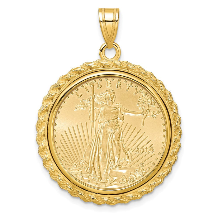 Wideband Distinguished Coin Jewelry 14k Polished with Casted Rope Mounted 1/4oz American Eagle Prong Coin Bezel Pendant-C8185/22.0C
