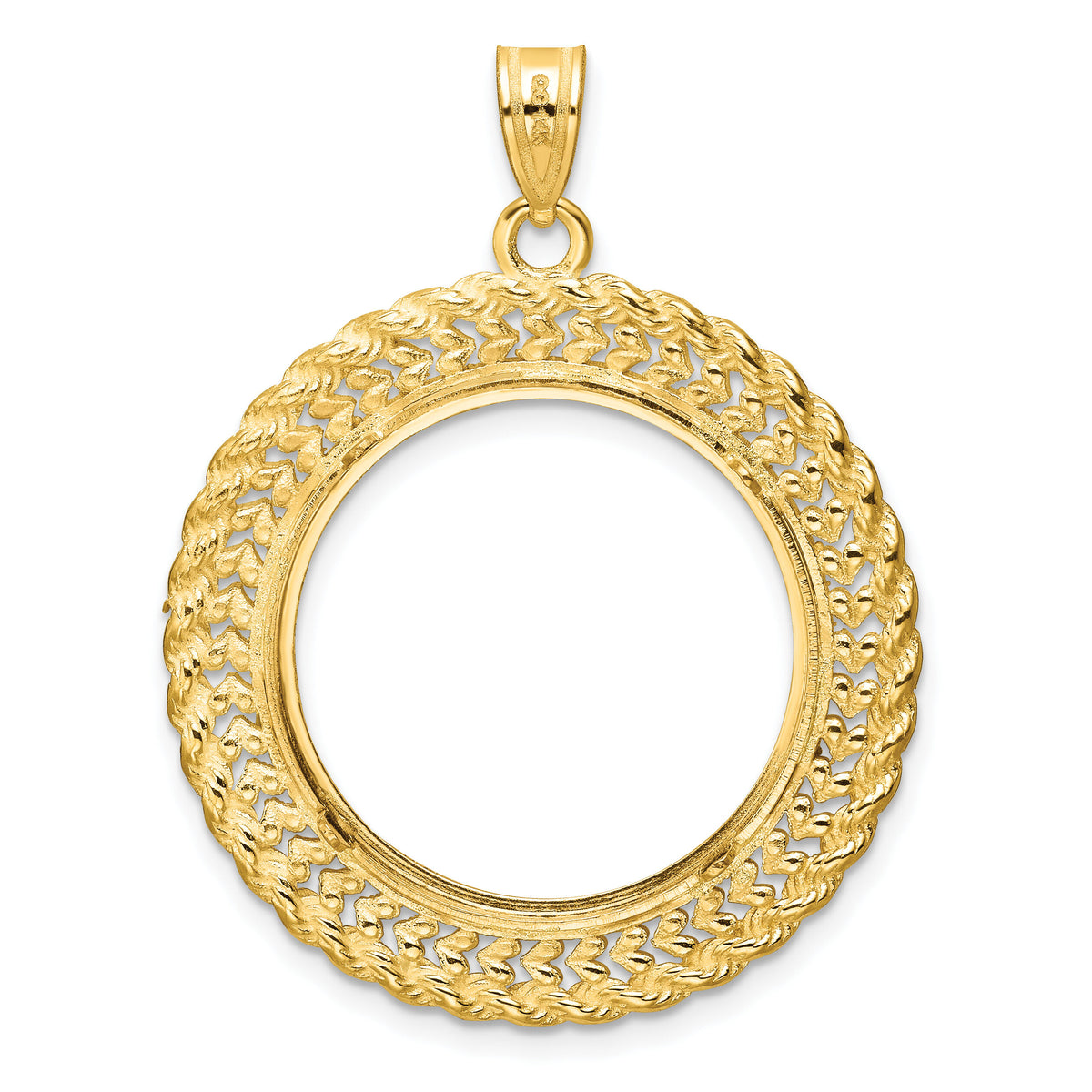 14k Polished & D/C Heart & Rope 22.0mm Prong Coin Bezel Pendant-C8189D/22.0