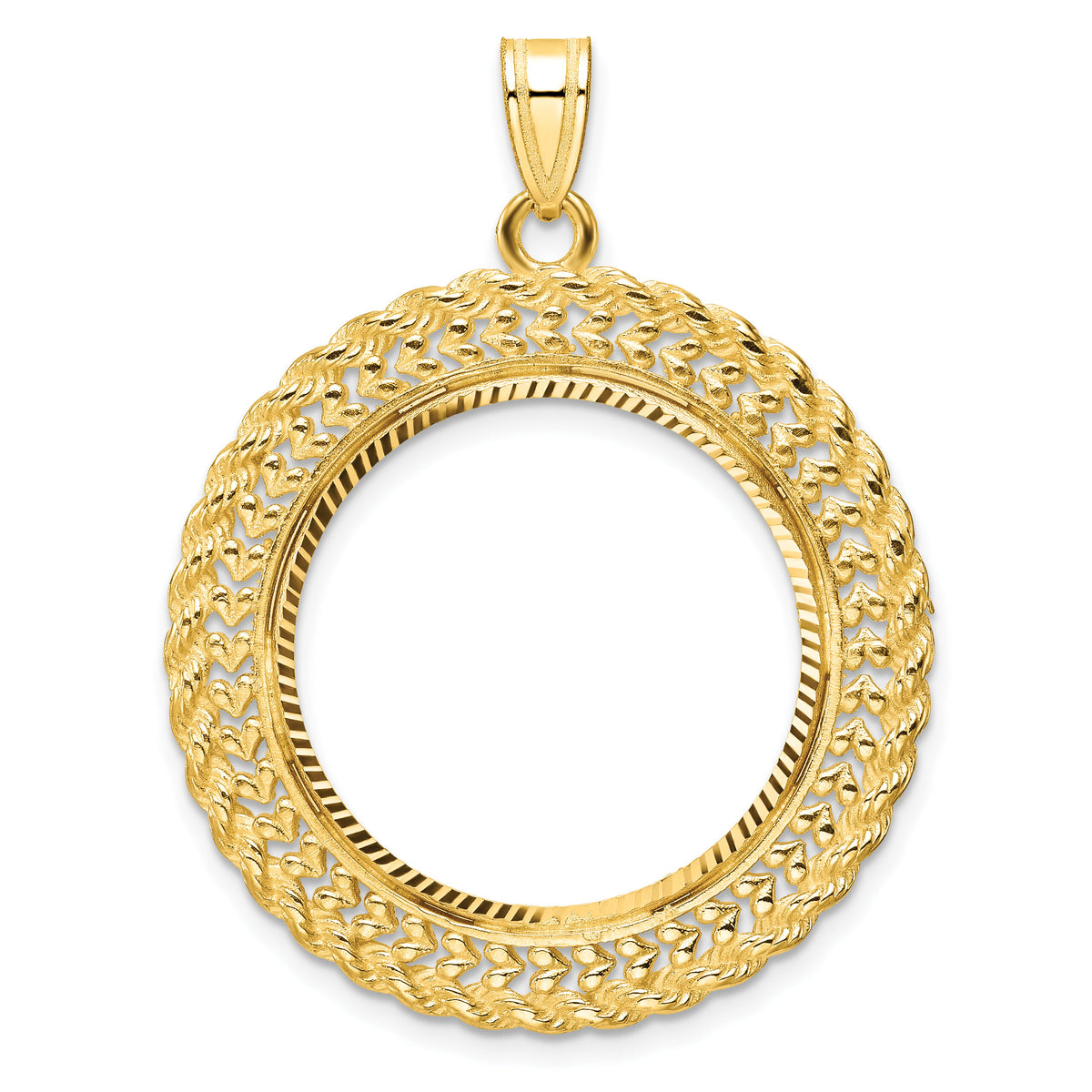 14k Polished & D/C Heart & Rope 22.0mm Prong Coin Bezel Pendant-C8189D/22.0
