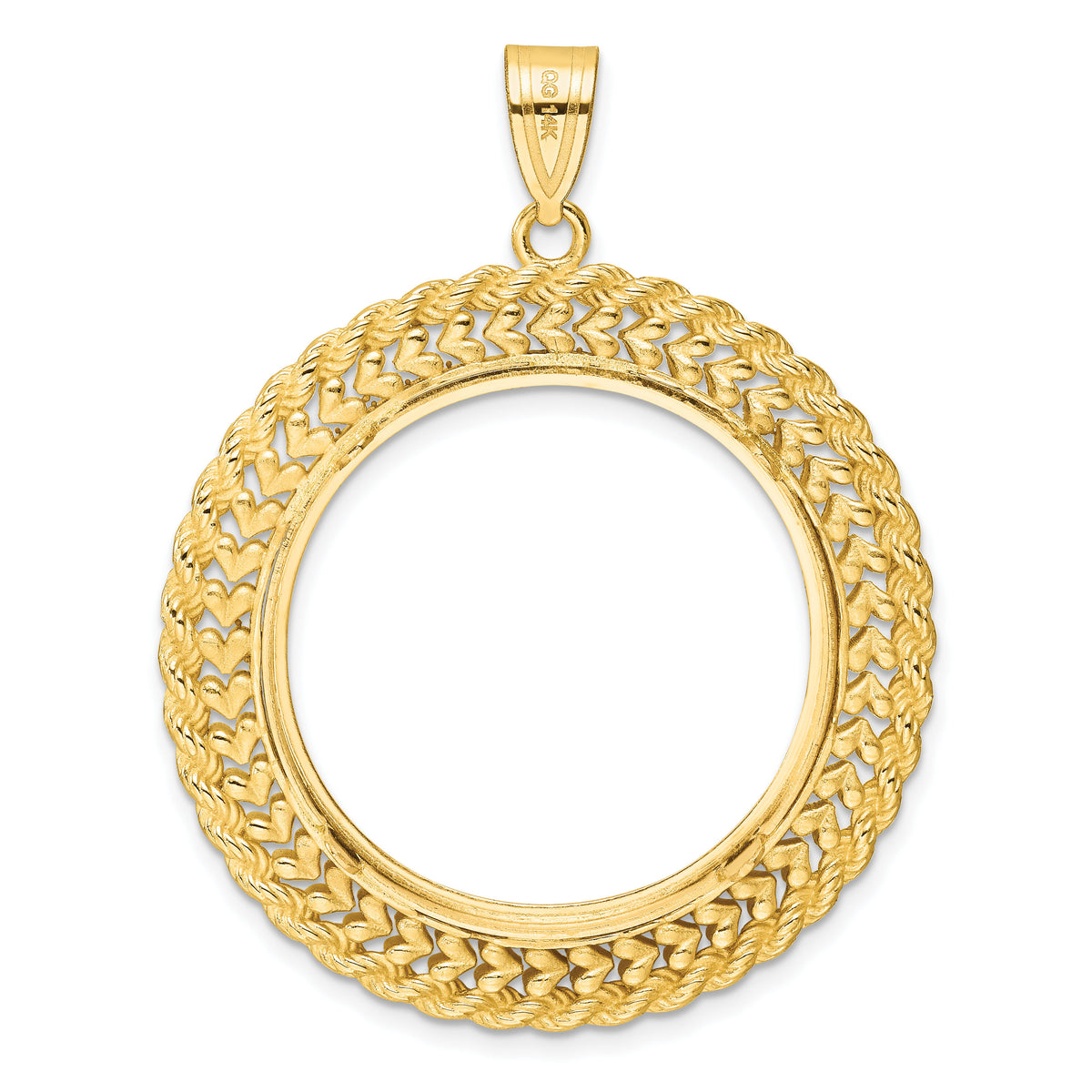 14k Polished & D/C Heart & Rope 27.0mm Prong Coin Bezel Pendant-C8189D/27.0