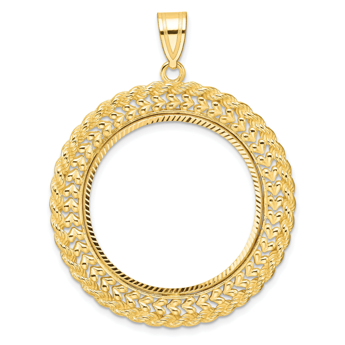 14k Polished & D/C Heart & Rope 27.0mm Prong Coin Bezel Pendant-C8189D/27.0