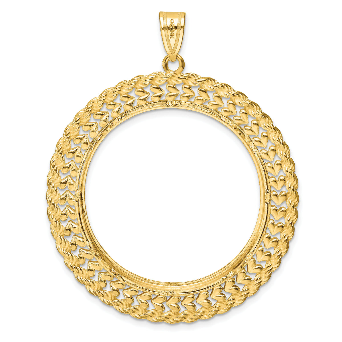 14k Polished & D/C Heart & Rope 32.7mm Prong Coin Bezel Pendant-C8189D/32.7