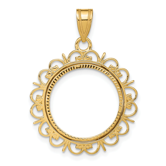 14k Polished and Diamond-cut Fancy 16.5mm Prong Coin Bezel Pendant-C8190D/16.5