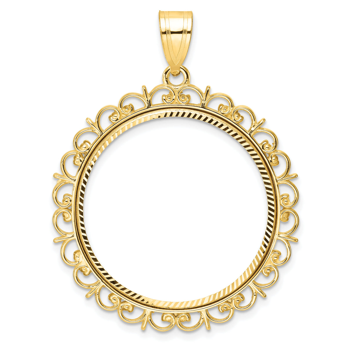 14k Polished and Diamond-cut Fancy 27.0mm Prong Coin Bezel Pendant-C8190D/27.0