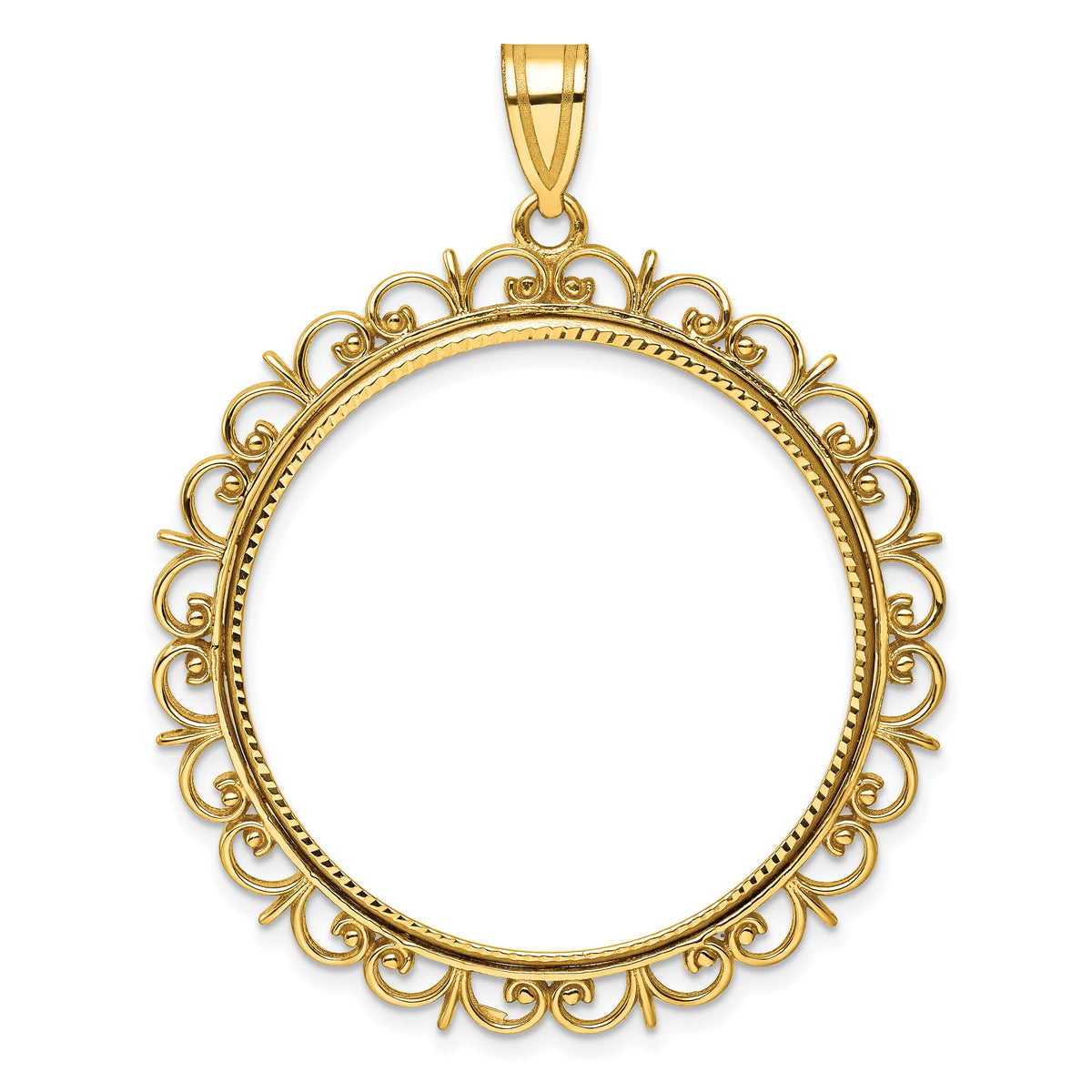 14k Polished and Diamond-cut Fancy 32.7mm Prong Coin Bezel Pendant-C8190D/32.7