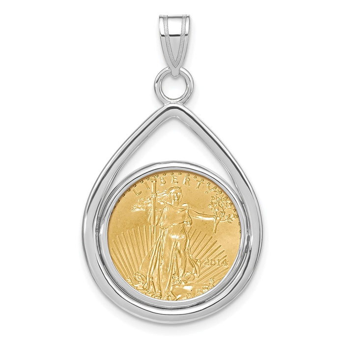 Wideband Distinguished Coin Jewelry 14k White Gold Polished Lightweight Teardrop Mounted 1/10oz American Eagle Prong Coin Bezel Pendant-C8191W/16.5C