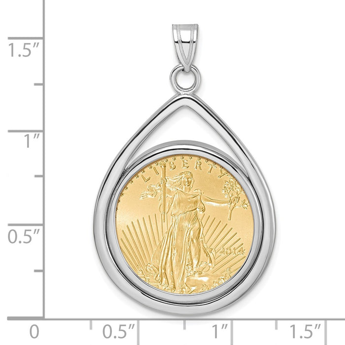 Wideband Distinguished Coin Jewelry 14k White Gold Polished Lightweight Teardrop Mounted 1/4oz American Eagle Prong Coin Bezel Pendant-C8191W/22.0C