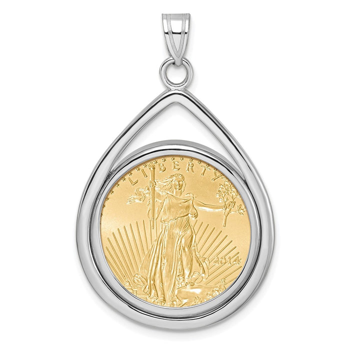 Wideband Distinguished Coin Jewelry 14k White Gold Polished Lightweight Teardrop Mounted 1/4oz American Eagle Prong Coin Bezel Pendant-C8191W/22.0C