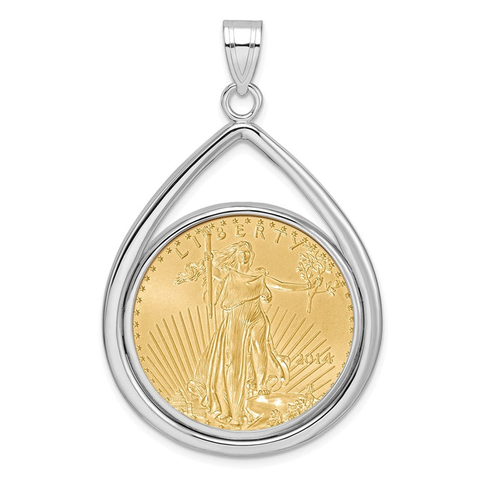 Wideband Distinguished Coin Jewelry 14k White Gold Polished Lightweight Teardrop Mounted 1/2oz American Eagle Prong Coin Bezel Pendant-C8191W/27.0C