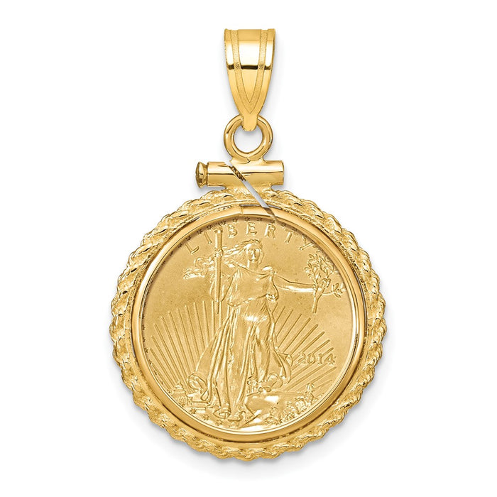 Wideband Distinguished Coin Jewelry 14k Polished Casted Rope Mounted 1/10oz American Eagle Screw Top Coin Bezel Pendant-C8195/16.5C