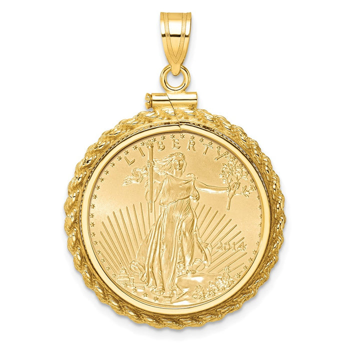 Wideband Distinguished Coin Jewelry 14k Polished Casted Rope Mounted 1/4oz American Eagle Screw Top Coin Bezel Pendant-C8195/22.0C