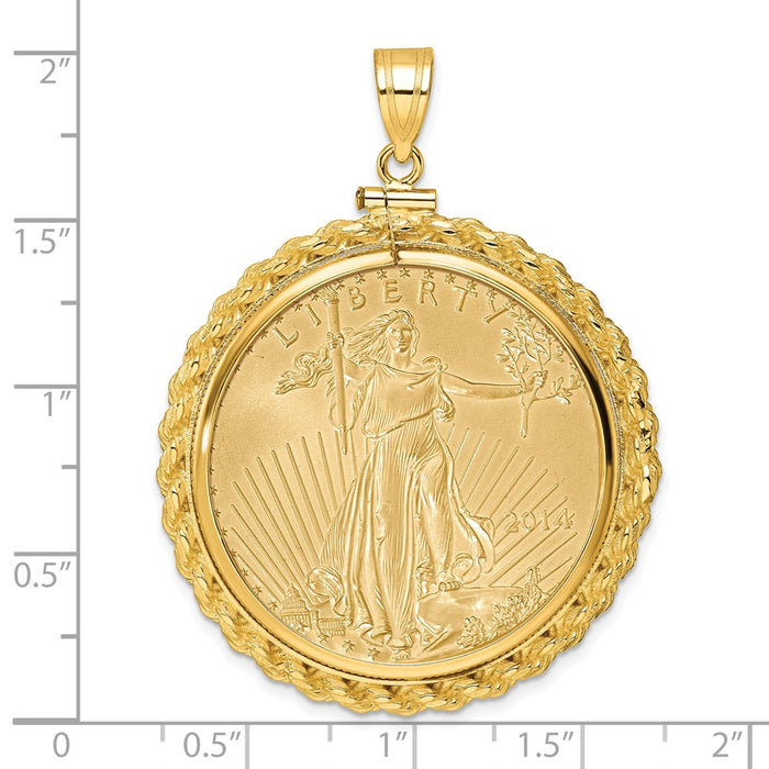 Wideband Distinguished Coin Jewelry 14k Polished Casted Rope Mounted 1oz American Eagle Screw Top Coin Bezel Pendant-C8195/32.7C
