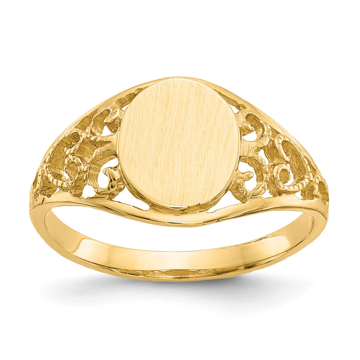 14k 7.5x8.5mm Satin Open Back Filigree Signet Ring-CH288
