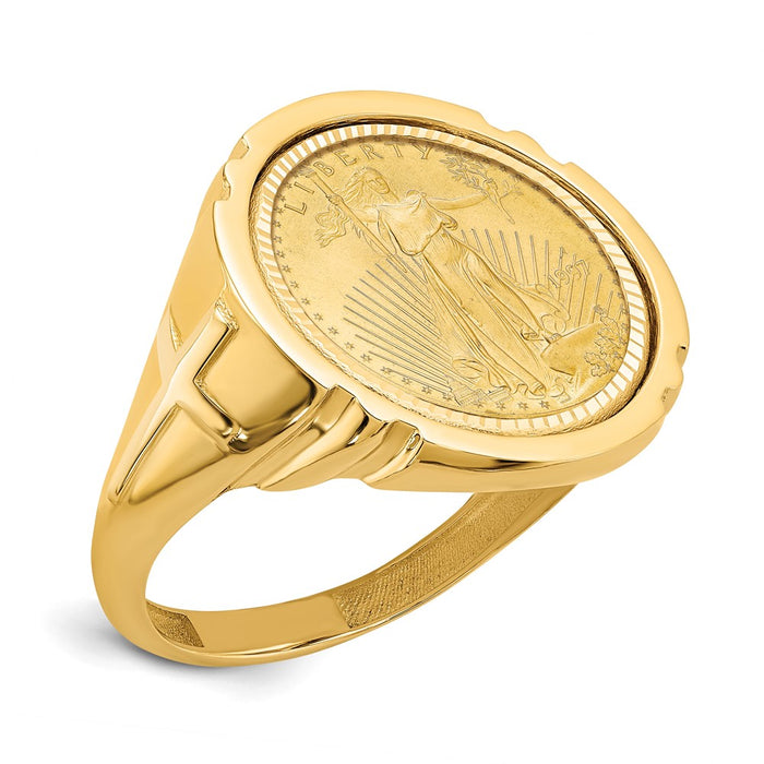 Wideband Distinguished Coin Jewelry 14k Men's Polished and Diamond-cut with Cross Sides Mounted 1/10oz American Eagle Coin Bezel Ring-CR10D/10AEC